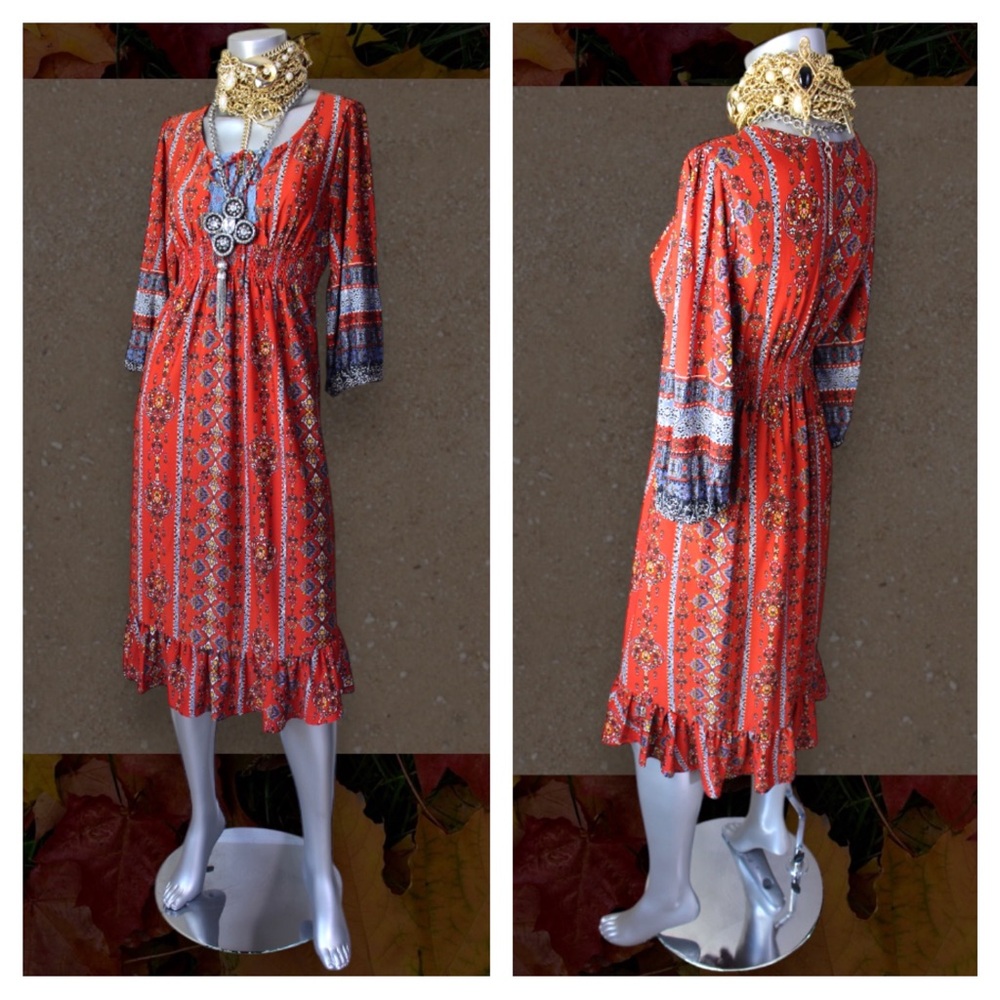 ONE WORLD Bohemian Mixed Floral Tribal Print Midi Dress - Picture 5 of 17
